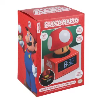 Paladone Super Mario Super Mushroom Icon Despertador - LCD digital, alimentado por USB, efeitos sonoros oficiais Nintendo, vermelho/branco