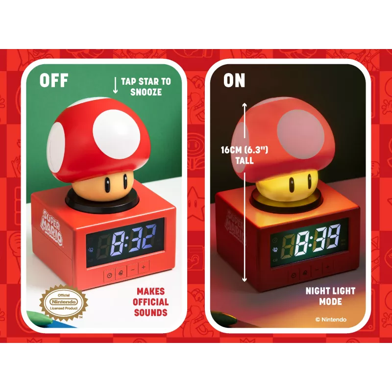 Paladone Super Mario Super Mushroom Icon Despertador - LCD digital, alimentado por USB, efeitos sonoros oficiais Nintendo, vermelho/branco