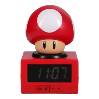 Paladone Super Mario Super Mushroom Icon Despertador - LCD digital, alimentado por USB, efeitos sonoros oficiais Nintendo, vermelho/branco