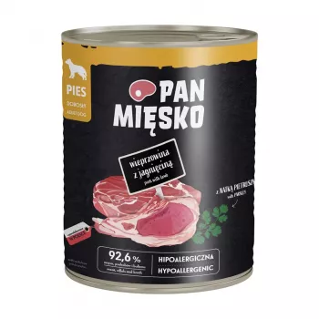 PAN MIĘSKO Porco com cordeiro Alimento húmido para cães 800g – Paté completo para todas as raças