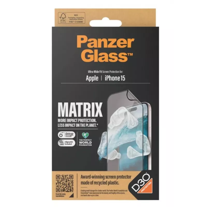 PanzerGlass MATRIX proteção de ecrã com D3O para iPhone 15 | Ultra-Wide Fit com AlignerKit