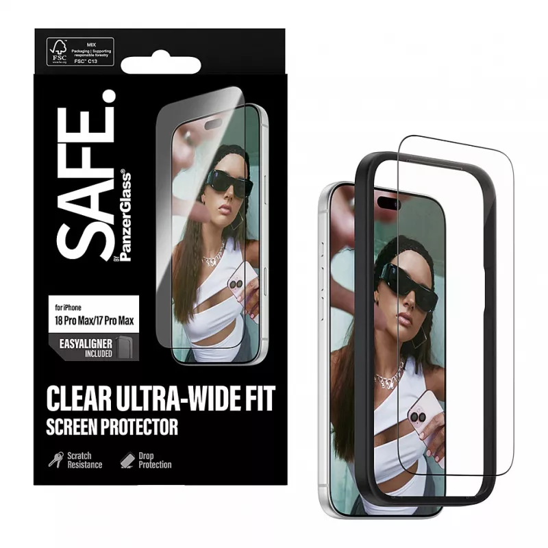 PanzerGlass SAFE película protetora de ecrã para iPhone 18 Pro Max/17 Pro Max – vidro temperado ultra-largo, antibacteriano, dureza 9H