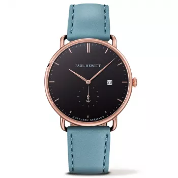 Relógio de pulso PAUL HEWITT homem The Grand Atlantic Line quartzo 42 mm caixa de aço inoxidável ouro rosa bracelete de pele preta PHTGARB23S