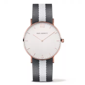 Relógio unissexo Paul Hewitt Sarstain Line 39 mm caixa de aço inoxidável banhada a ouro rosa mostrador branco bracelete de couro cinzento quartzo Miyota GL20