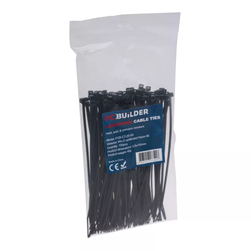 Abraçadeiras PCBuilder LOCKDOWN 150mm (100 unidades) - preto