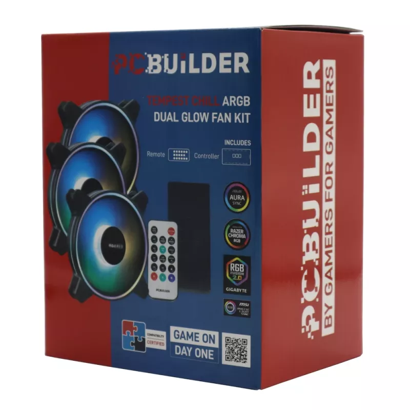 Kit de ventoinhas PCBuilder Tempest Chill 3x120mm ventoinhas ARGB Dual Glow + controlador + comando RF
