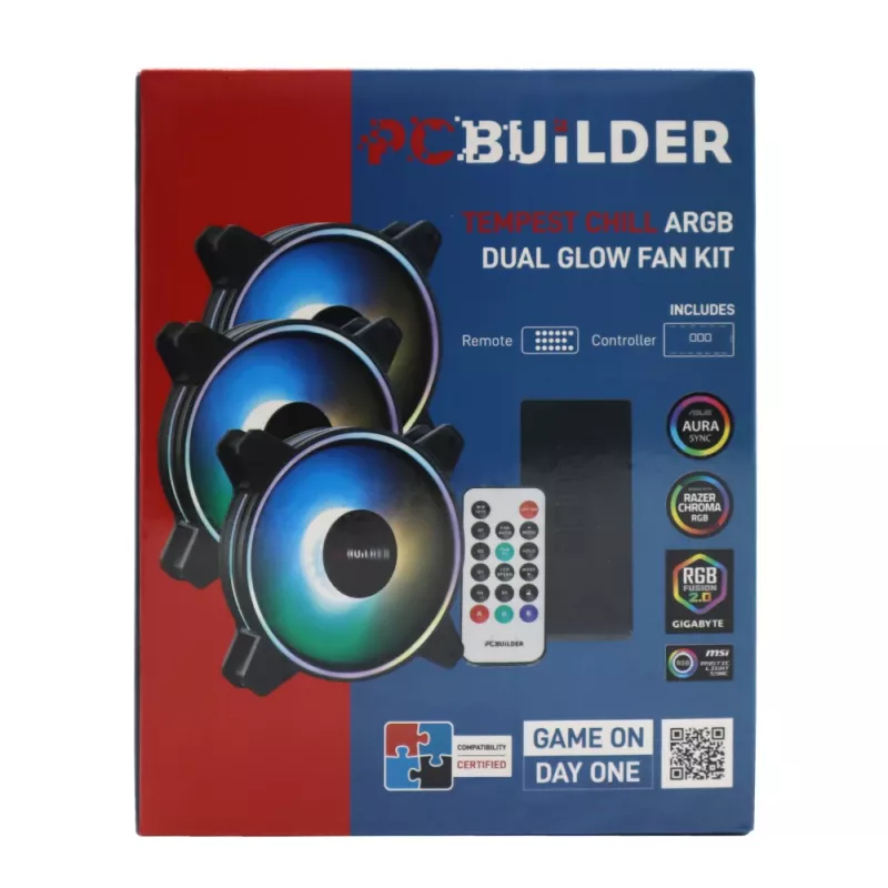 Kit de ventoinhas PCBuilder Tempest Chill 3x120mm ventoinhas ARGB Dual Glow + controlador + comando RF