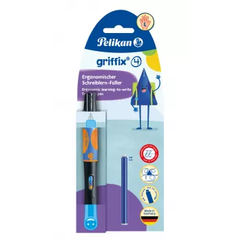 Pelikan griffix® Caneta de tinta permanente para canhotos - preto néon - tinta azul - sistema de cartuchos - corpo em plástico - pena em aço inoxidável - canhotos (820356)