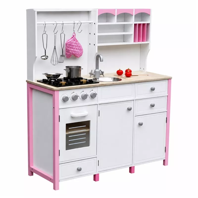 Cozinha de brincar em madeira PETMEX Paula para criança Rosa Branco com elementos de abertura