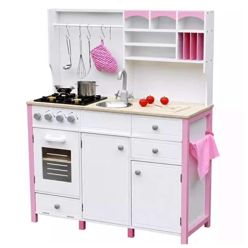 Cozinha de brincar em madeira PETMEX Paula para criança Rosa Branco com elementos de abertura
