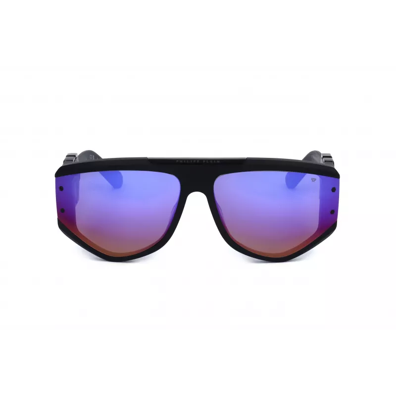 Óculos de sol de homem PHILIPP PLEIN SPP093M-703V, forma quadrada tipo aviador, armação de acetato preta, lentes de policarbonato cinzentas, proteção UV400, 65/16/145 mm