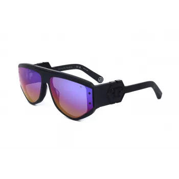 Óculos de sol de homem PHILIPP PLEIN SPP093M-703V, forma quadrada tipo aviador, armação de acetato preta, lentes de policarbonato cinzentas, proteção UV400, 65/16/145 mm