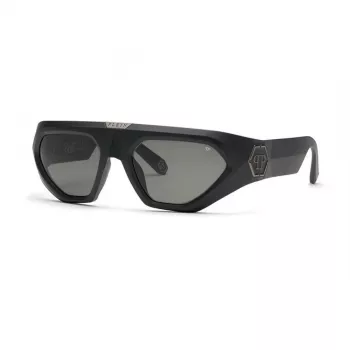 Óculos de sol retangulares de homem PHILIPP PLEIN SPP153-580U28, armação de acetato preta brilhante, lentes de policarbonato cinzentas fumadas, 58 mm