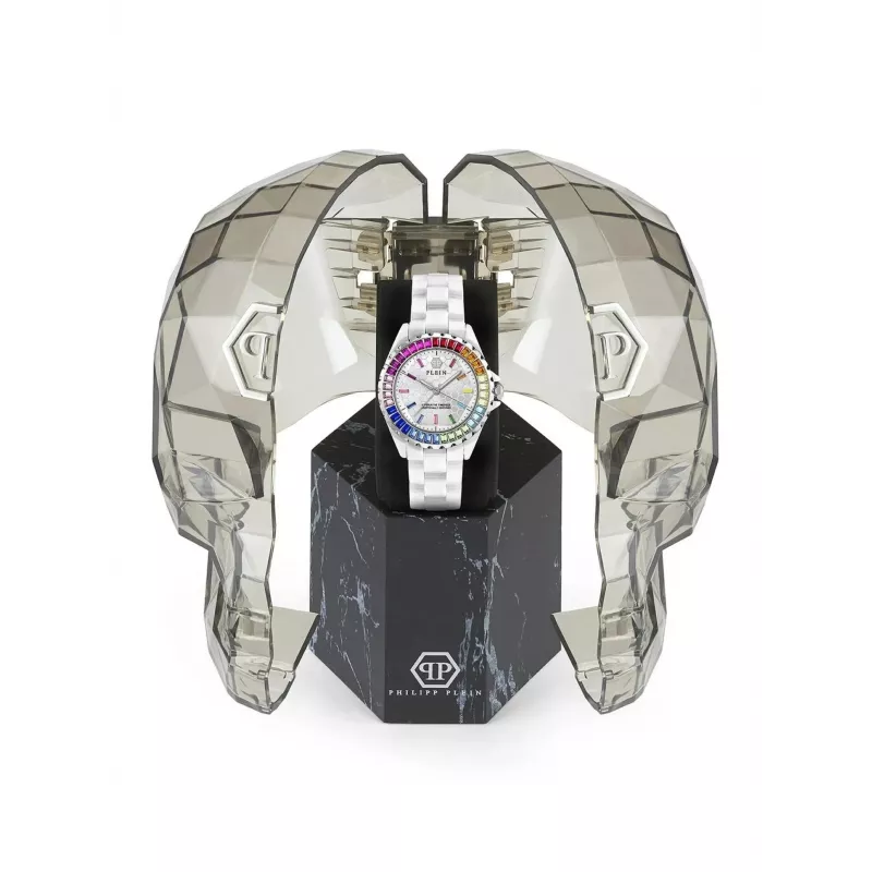 Philipp Plein relógio de senhora de quartzo PWPPA0124 The Skeleton 38mm caixa de aço inoxidável com PVD em ouro rosa bracelete de silicone preta