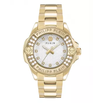 Philipp Plein relógio de senhora de quartzo The $kull 38mm aço inoxidável mostrador preto bracelete de silicone PWOFA0725