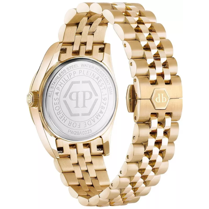 Philipp Plein relógio de mulher PW2BA0223 38mm tom de ouro rosa aço inoxidável silicone branco