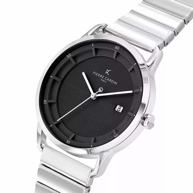 Relógio de homem Pierre Cardin quartzo analógico CLC.6006 - Caixa de aço inoxidável 43 mm bracelete de pele preta