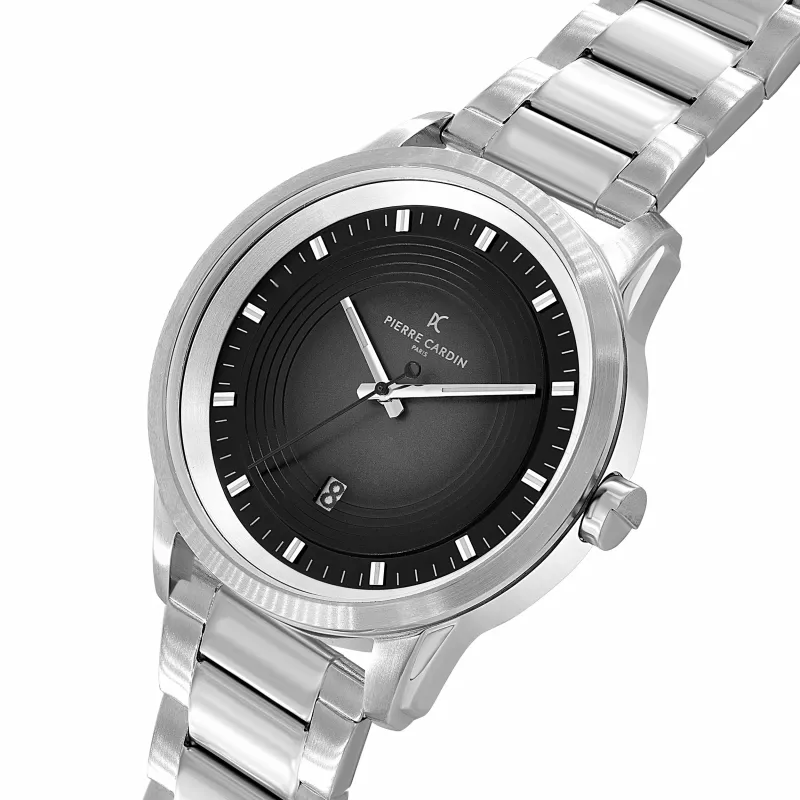 Relógio de homem Pierre Cardin quartzo analógico CCP.5024 - caixa de aço inoxidável 45mm, mostrador preto, bracelete de pele preta