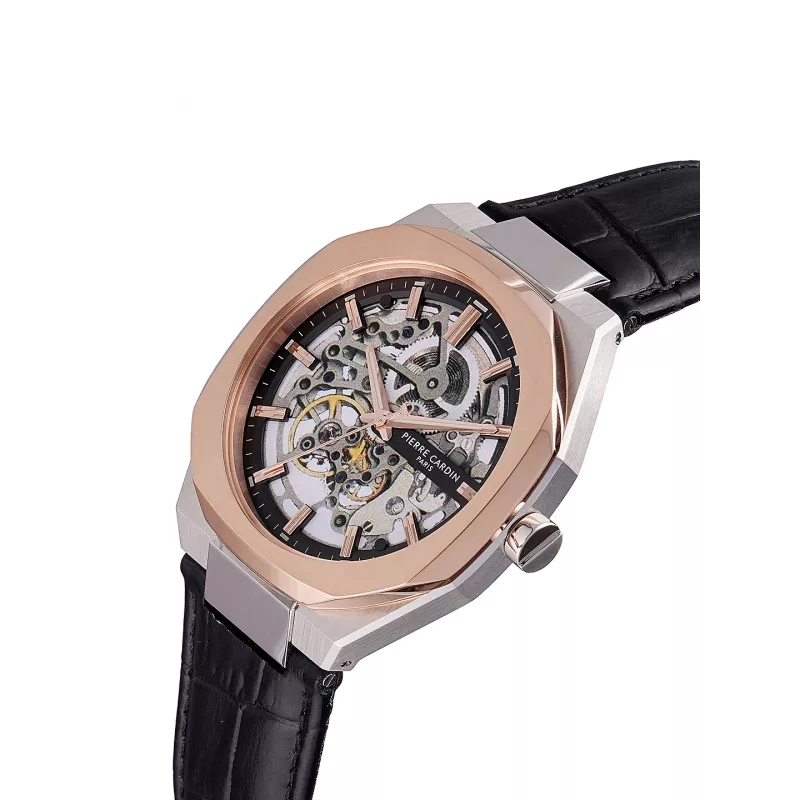 Pierre Cardin relógio analógico de quartzo de homem CF.1002.LB.2 42mm aço inoxidável mostrador preto bracelete de pele
