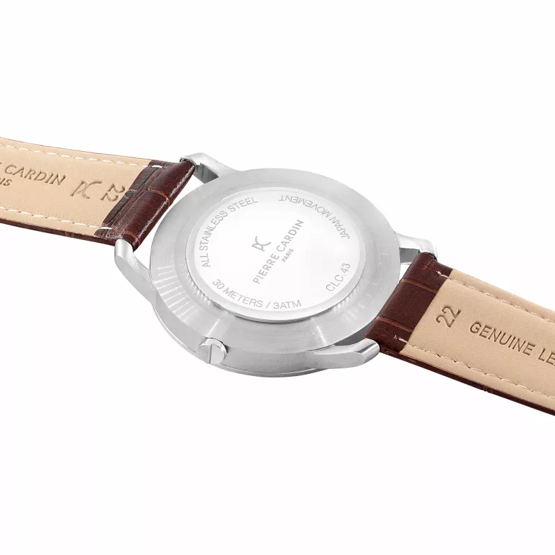 Relógio de quartzo analógico de homem Pierre Cardin CLC.6000 43mm caixa de aço inoxidável bracelete de pele preta