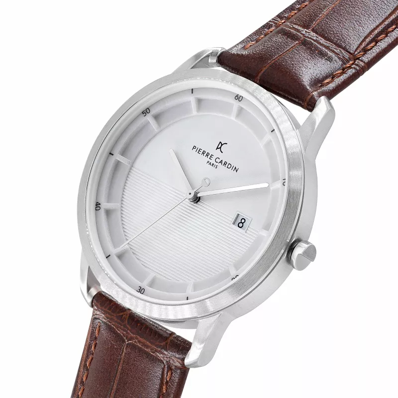Relógio de quartzo analógico de homem Pierre Cardin CLC.6000 43mm caixa de aço inoxidável bracelete de pele preta