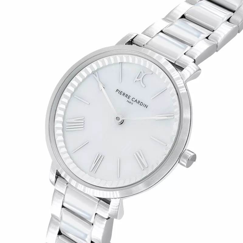 Pierre Cardin relógio de senhora analógico de quartzo CBC.5002 32mm caixa de aço inoxidável mostrador branco bracelete de pele preta