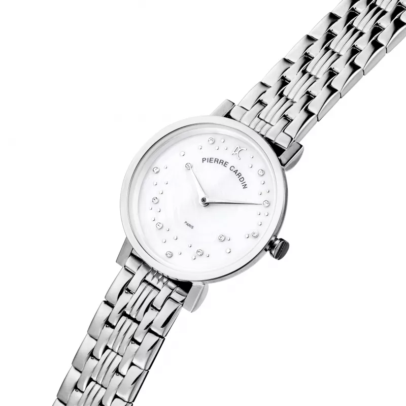 Pierre Cardin relógio de senhora analógico de quartzo CCM.0550 32mm caixa de aço inoxidável mostrador prateado bracelete de pele preta