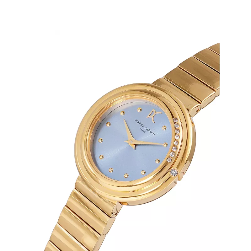 Relógio de pulso de quartzo de mulher Pierre Cardin CF.1010.MG.1 - caixa de aço inoxidável dourado de 32 mm, mostrador branco e bracelete de pele castanha