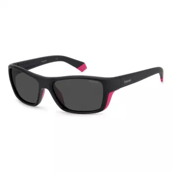 Óculos de sol de homem POLAROID SPORT PLD7046S3MR retangulares desportivos envolventes, armação preta, lentes cinzentas polarizadas 57-17-135 mm