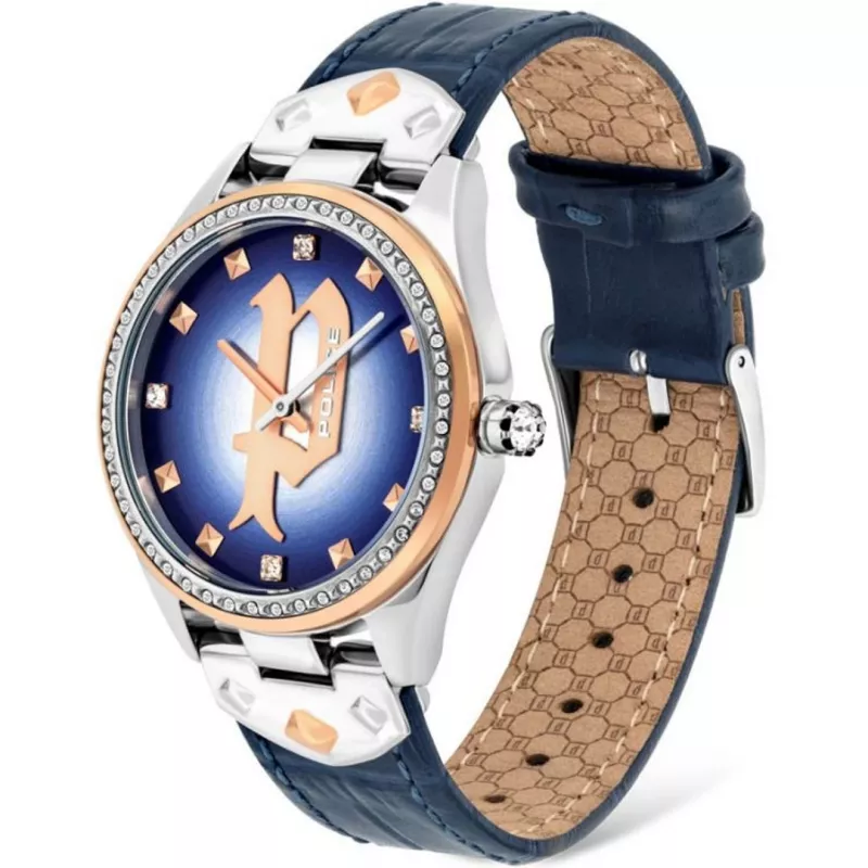 Relógio de mulher POLICE Masterpiece quartzo PL16029MSTR03 36 mm mostrador azul bracelete de malha milanesa de aço inoxidável prateado