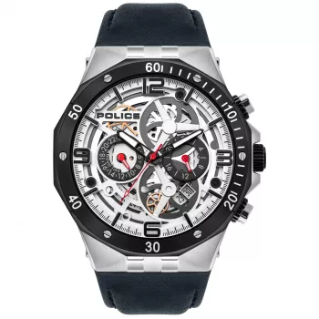 POLICE Relógio de homem PL16065JSTB04 Raho analógico de quartzo 46mm mostrador azul bracelete de pele castanha