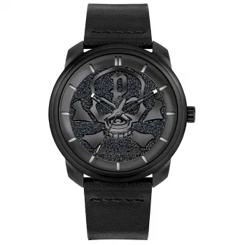 Police relógio de homem analógico de quartzo PL15714JSB0 44mm caixa de aço inoxidável bracelete de pele preta