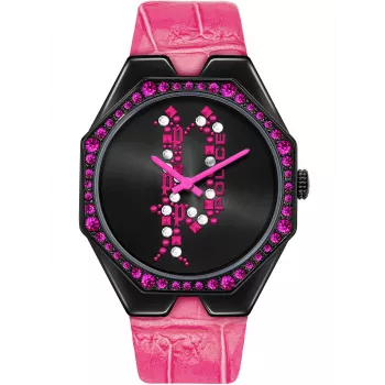 POLICE Relógio de mulher PEWLA2008202 35mm caixa de aço inoxidável mostrador prateado bracelete de pele preta quartzo analógico