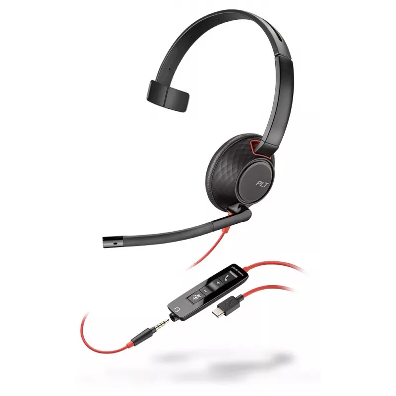 Poly Blackwire C5210 USB-C - Série 5200 - Headset com fios on-ear mono com microfone de haste, cancelamento de ruído, controlos em linha, Preto