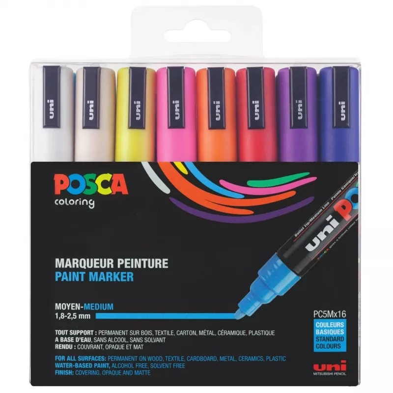 POSCA PC-5M Conjunto de marcadores com ponta redonda, várias cores, 16 unid.