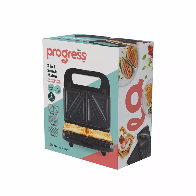 Progress EK6666PVDE 3 in 1 Snack Maker – máquina de waffles, sanduíches e donuts, 900W, preto