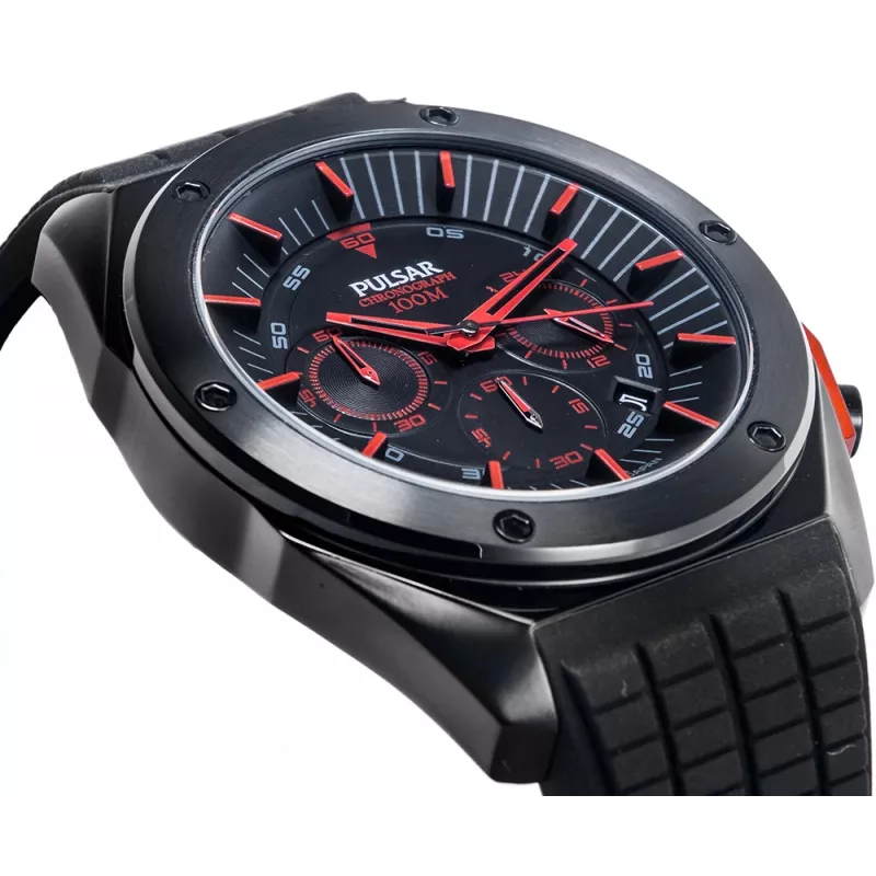 Pulsar cronógrafo de homem de quartzo PT3463X1 - 45mm caixa de aço inoxidável, mostrador azul, bracelete de pele castanha, 100m resistência à água