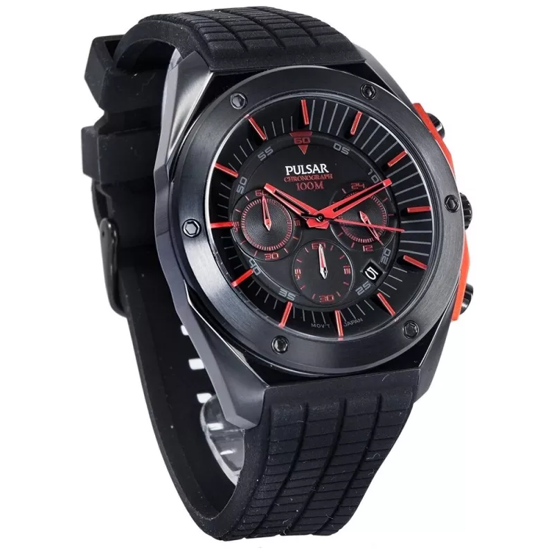 Pulsar cronógrafo de homem de quartzo PT3463X1 - 45mm caixa de aço inoxidável, mostrador azul, bracelete de pele castanha, 100m resistência à água