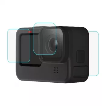 PULUZ PU507 conjunto de proteção de ecrã e objetiva em vidro 9H para GoPro HERO12/11/10 Black – conjunto de 3 peças (frontal, traseira, objetiva)