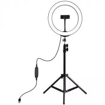 Anel de luz LED PULUZ 26cm com tripé até 1,1m e suporte para telemóvel, USB