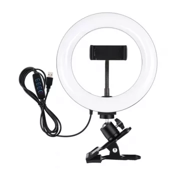 Ring light profissional PULUZ PKT3120B 20 cm para vlogging, live streaming e maquilhagem – 80 LEDs, 10W, 3000K-6500K, 10 níveis de regulação, com clipe para monitor e suporte para telemóvel – preto