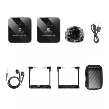 Microfone de lapela sem fios PULUZ PU3153B 1 TX + 1 RX, 2,4 GHz, USB-C, condensador omnidirecional, supressão de ruído, Plug-and-Play para Android e PC