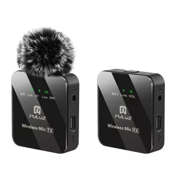 Microfone de lapela sem fios PULUZ PU3153B 1 TX + 1 RX, 2,4 GHz, USB-C, condensador omnidirecional, supressão de ruído, Plug-and-Play para Android e PC