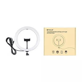 Ring light LED PULUZ PU656B de 10 polegadas com suporte para telemóvel e tripé, 12W, 3000K-6500K, alimentação USB, para live streaming, TikTok, YouTube, maquilhagem, fotografia