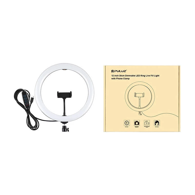 PULUZ PU656B anel de luz LED de 10 polegadas com suporte para telemóvel e tripé, 12W, 3000K-6500K, alimentado por USB, para transmissão em direto, TikTok, YouTube, maquilhagem, fotografia