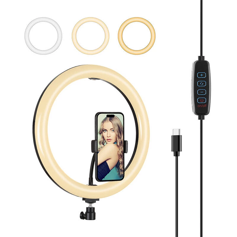 PULUZ PU656B anel de luz LED de 10 polegadas com suporte para telemóvel e tripé, 12W, 3000K-6500K, alimentado por USB, para transmissão em direto, TikTok, YouTube, maquilhagem, fotografia