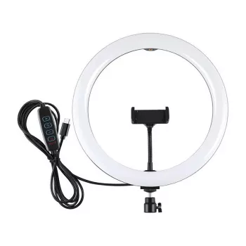 Ring light LED PULUZ PU656B de 10 polegadas com suporte para telemóvel e tripé, 12W, 3000K-6500K, alimentação USB, para live streaming, TikTok, YouTube, maquilhagem, fotografia