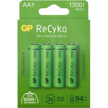 Pilhas recarregáveis GP ReCyko AA NiMH, 1300 mAh, 1,2 V, pack de 4