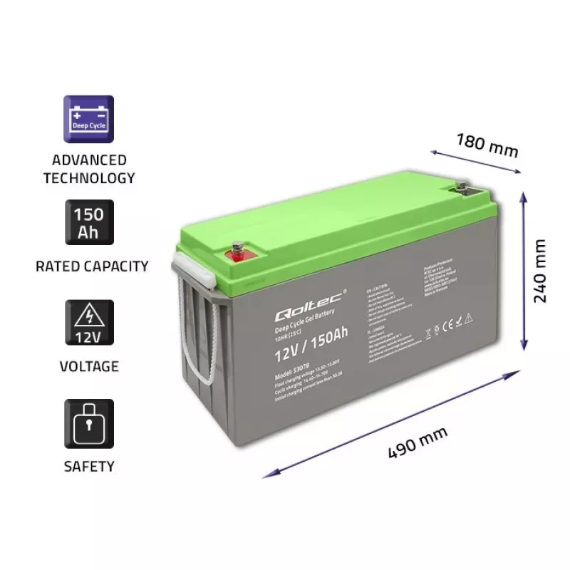 Bateria de gel de ciclo profundo Qoltec 12V 150Ah 44,5kg