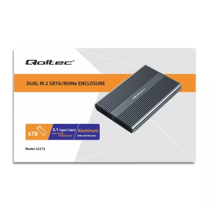 Qoltec Caixa para SSD M.2 NVMe SATA duplo com USB-C 3.2 Gen 2, alumínio sem ferramentas, suporta 2x2TB, UASP, TRIM, 10Gbps